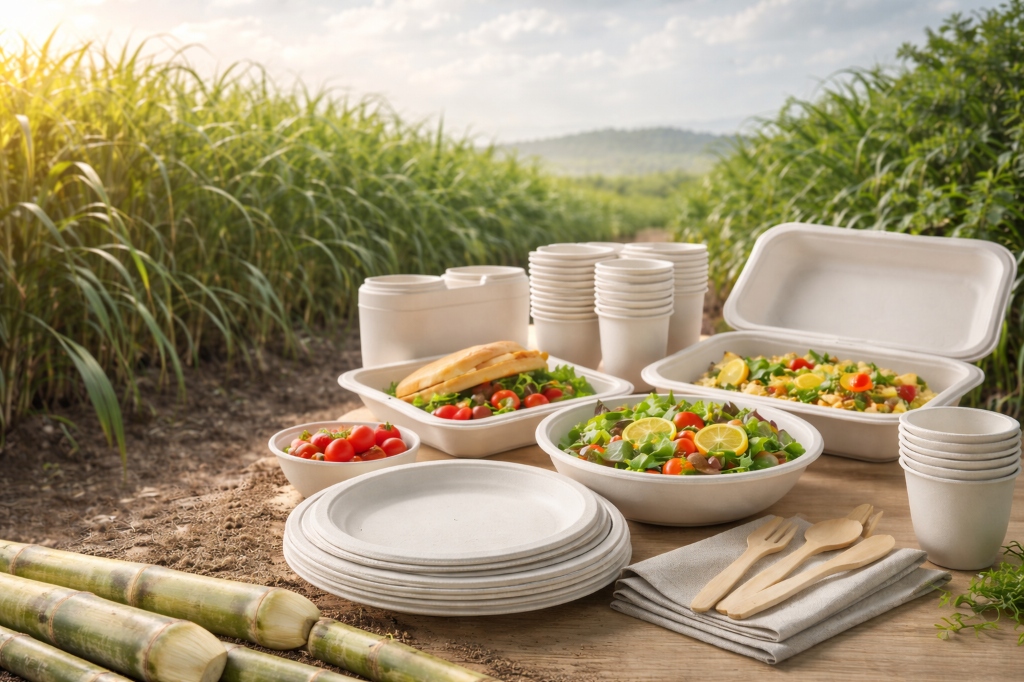 Eco-friendly sugarcane bagasse tableware - planet friendly biodegradable packaging by Molydos Group